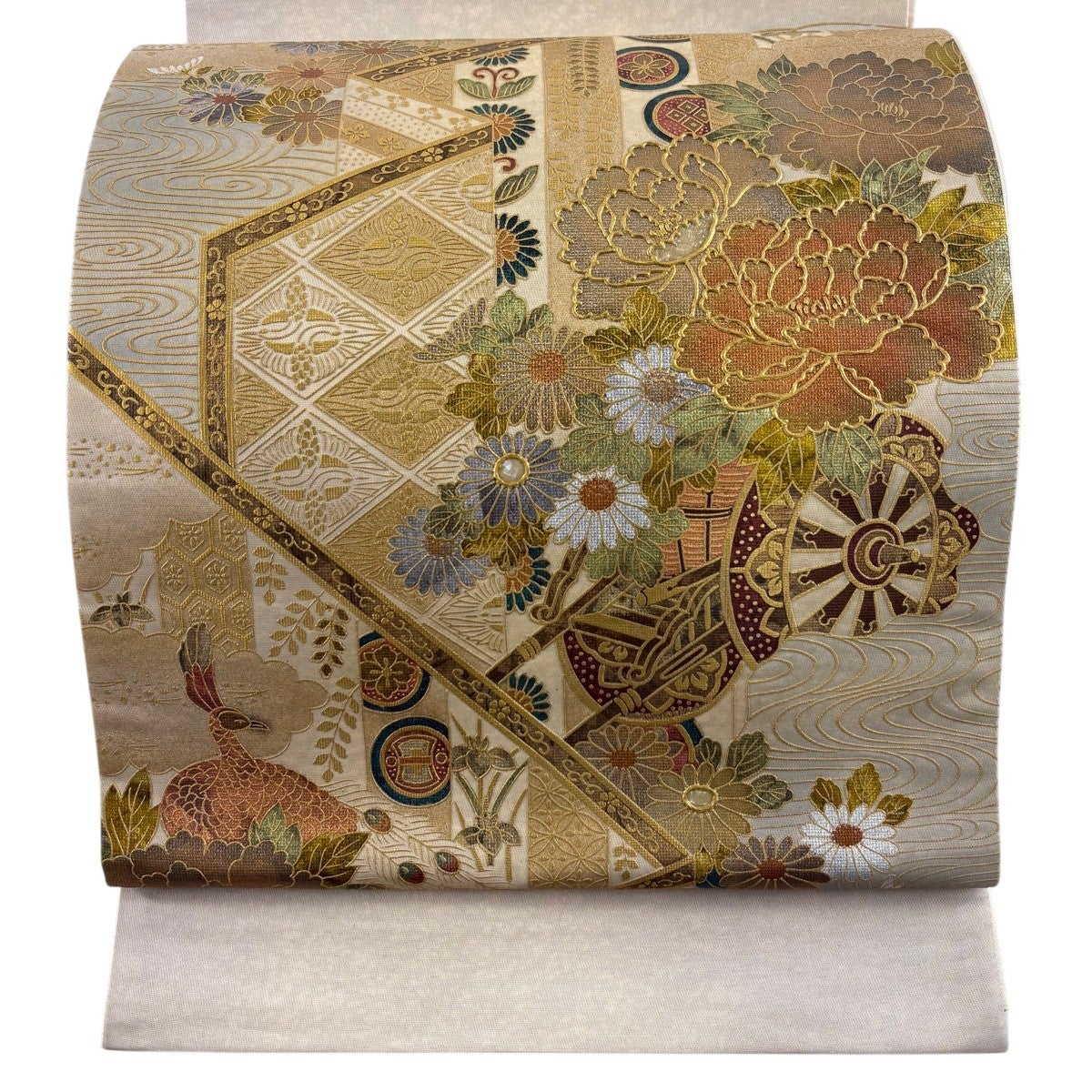 美品】 袋帯 秀品 花鳥 流水 箔 金色 お太鼓柄 正絹｜中古・古着