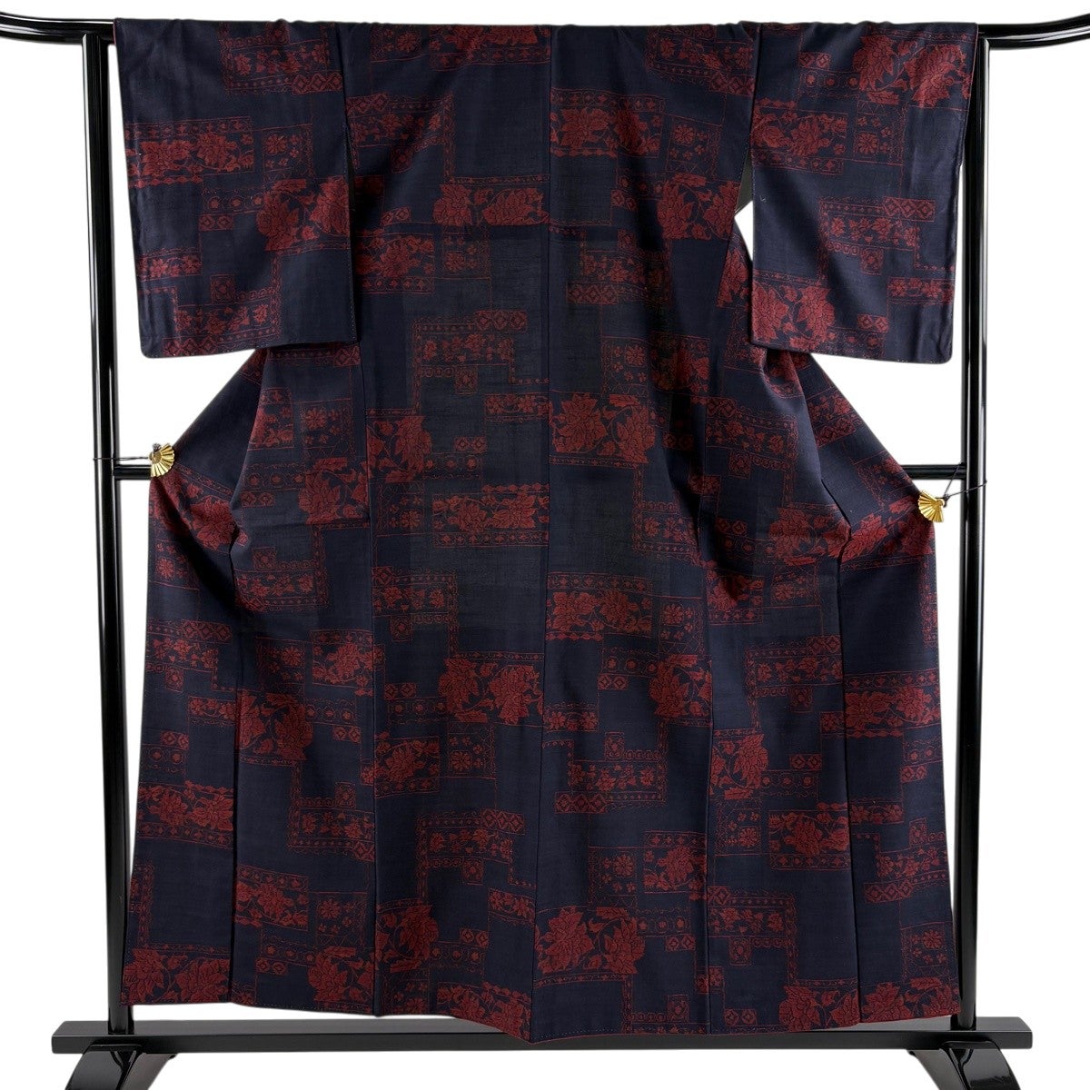 美品】 紬 身丈158cm 裄丈64cm M 袷 草花 濃紺 正絹 優品｜中古・古着