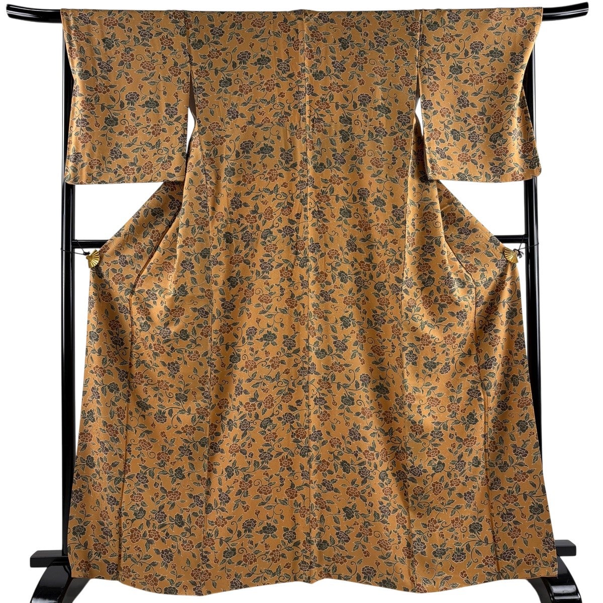 美品】 小紋 身丈167cm 裄丈68cm L 袷 花唐草 山吹茶色 正絹 優品