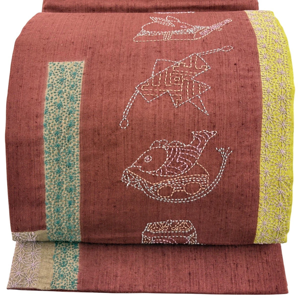 美品】 名古屋帯 秀品 紬地 鳥 麻の葉 刺し子 茶色 正絹｜中古・古着