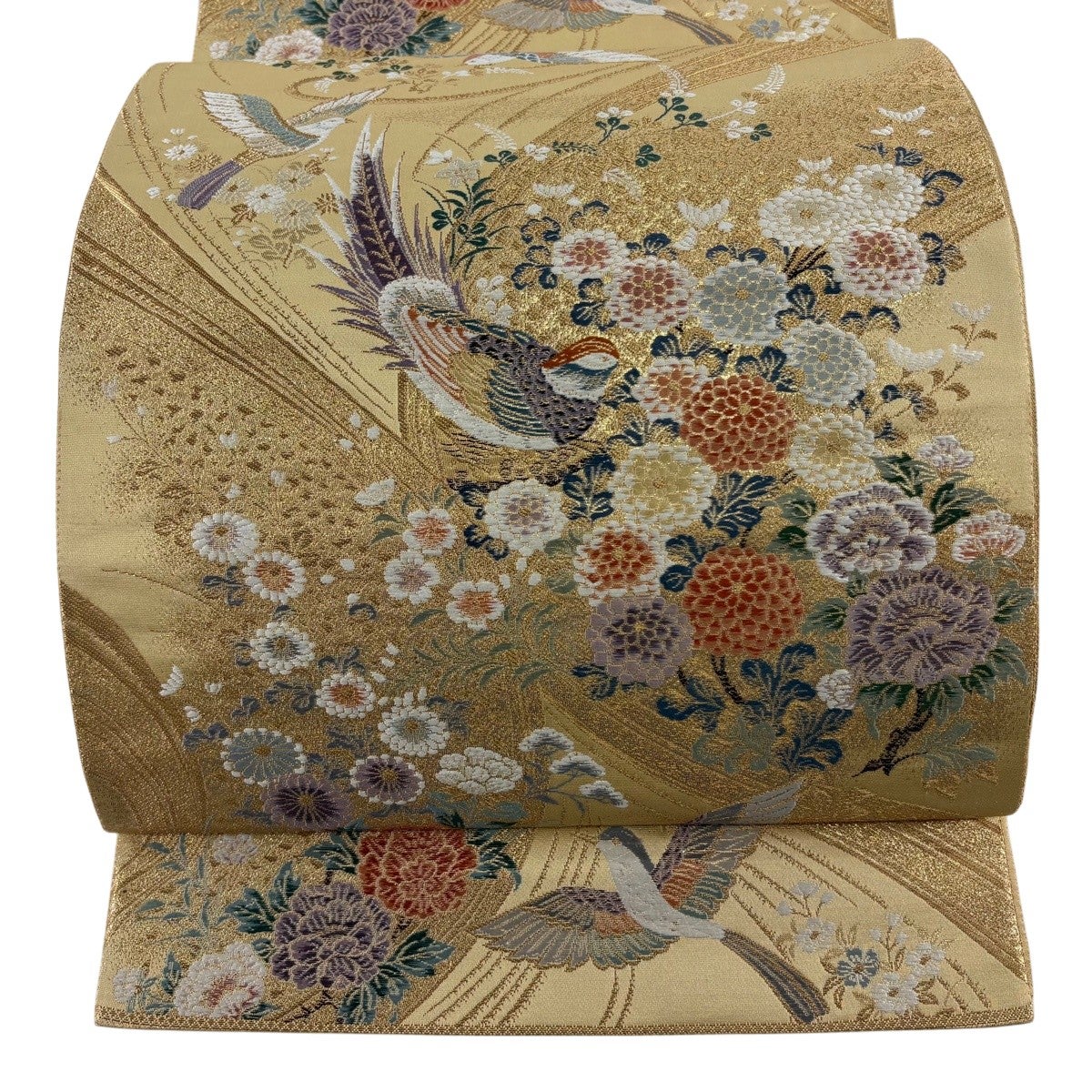 袋帯 美品 秀品 蜀江華文 双鳥 金糸 唐織 茶紫 六通 正絹 【中古】 秀