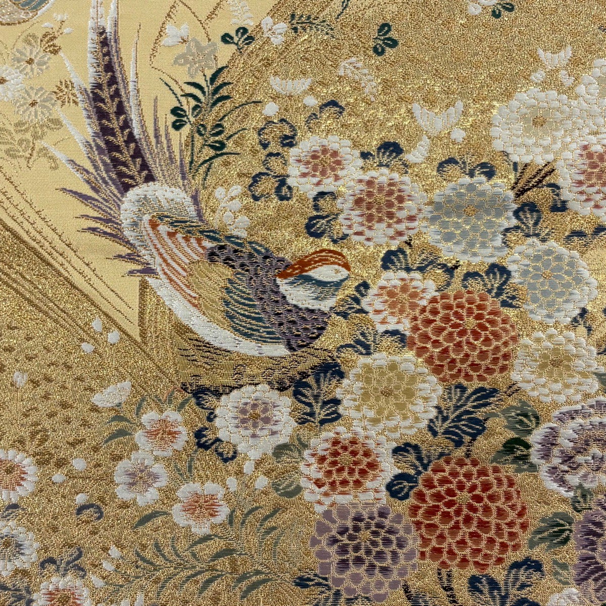 50%OFF 【美品】 袋帯 秀品 関西仕立て 草花 鳥 金糸 箔 金色 六通