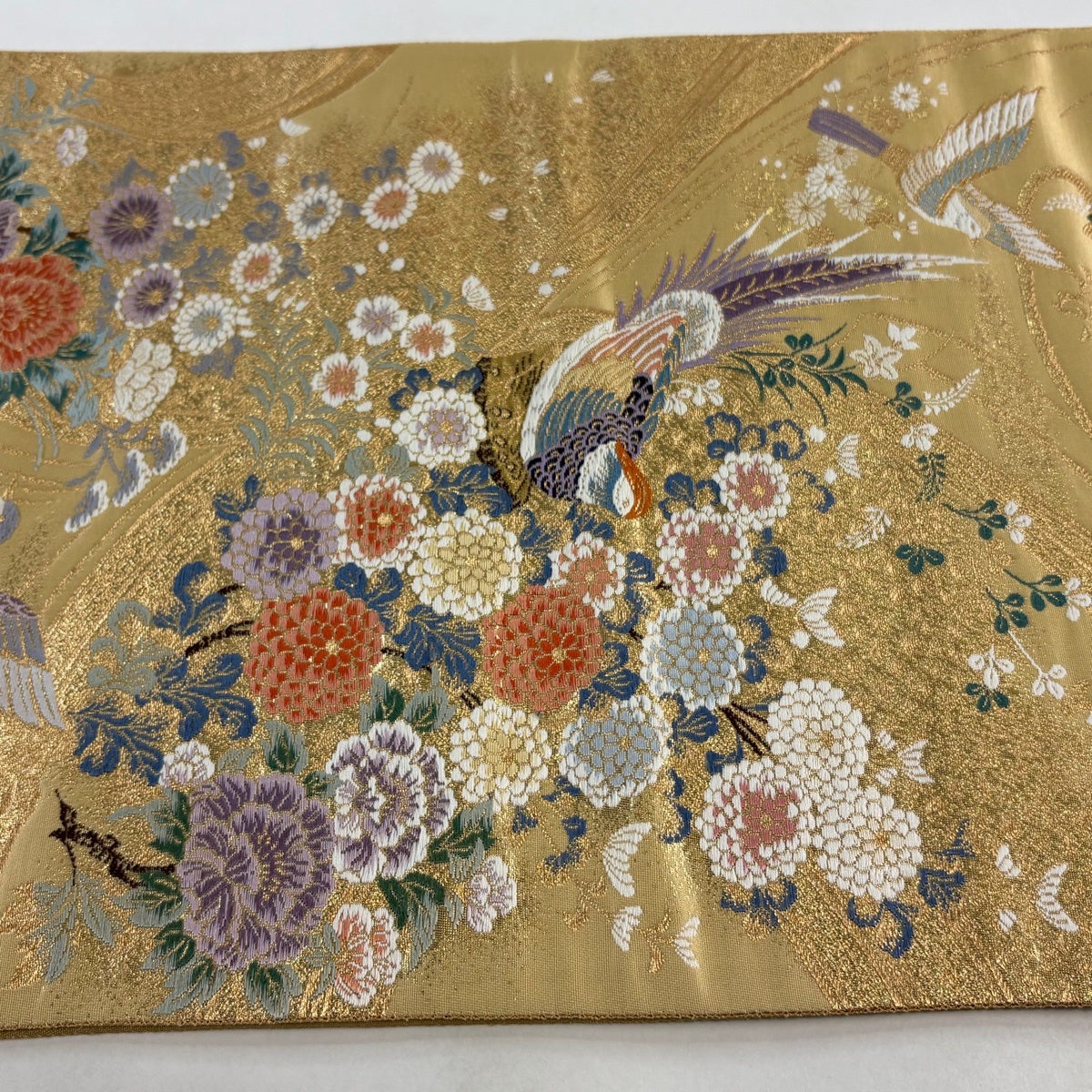 50%OFF 【美品】 袋帯 秀品 関西仕立て 草花 鳥 金糸 箔 金色 六通