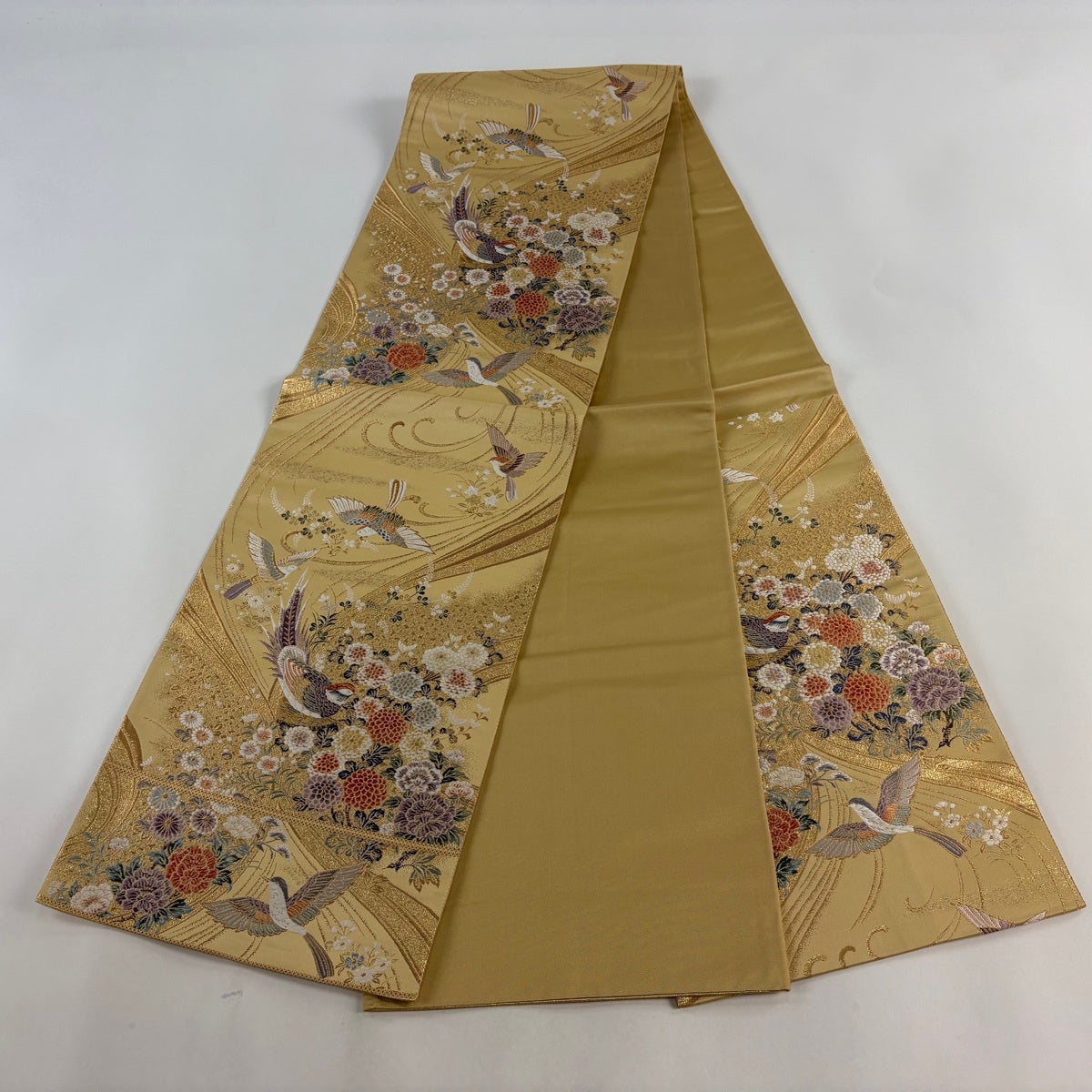 50%OFF 【美品】 袋帯 秀品 関西仕立て 草花 鳥 金糸 箔 金色 六通