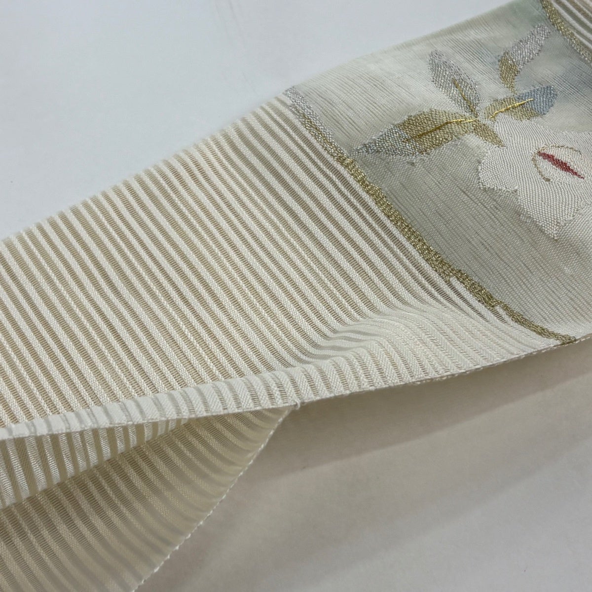 名古屋帯 秀品 夏帯 絽 八寸名古屋帯 枝花 金銀糸 ベージュ 正絹｜中古
