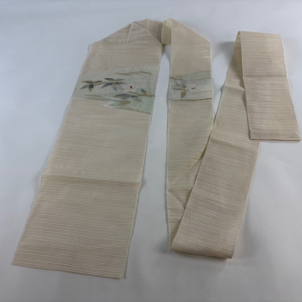 名古屋帯 秀品 夏帯 絽 八寸名古屋帯 枝花 金銀糸 ベージュ 正絹｜中古