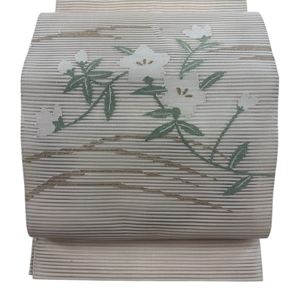 名古屋帯 秀品 夏帯 絽 八寸名古屋帯 流水 草花 金銀糸 ベージュ 正絹