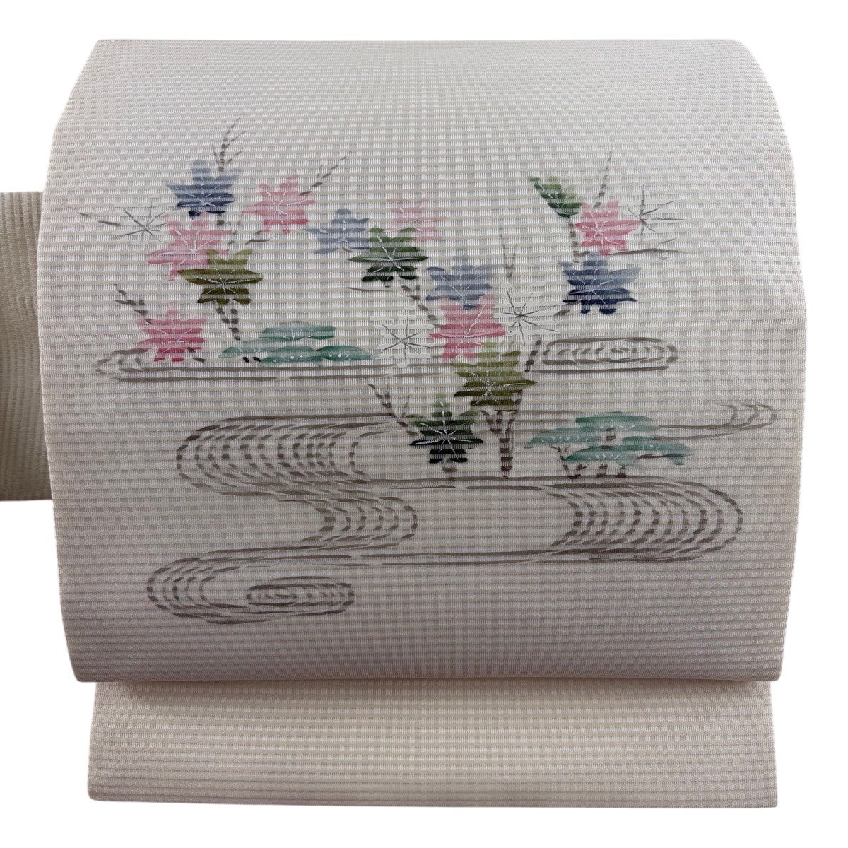 美品】 名古屋帯 秀品 夏帯 絽 観世水 楓 灰白 正絹|中古・古着 美品】 名古屋帯 秀品 夏帯 絽 観世水 楓 灰白 正絹|中古・古着