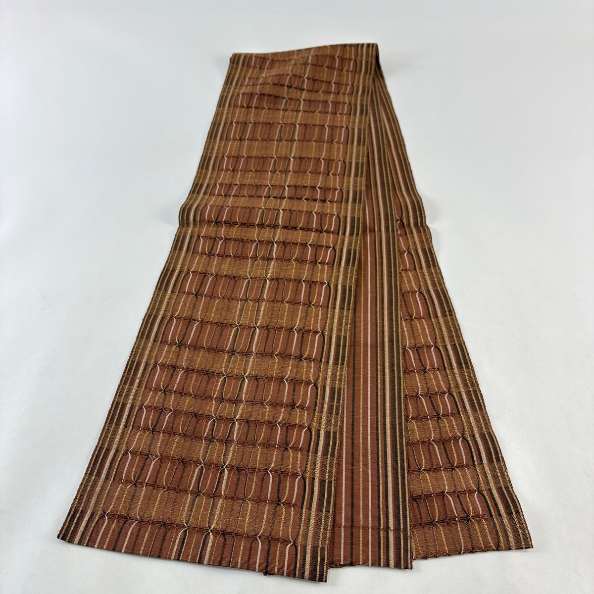 名古屋帯 秀品 八寸名古屋帯 夏帯 縞 幾何学模様 金糸 茶色 正絹｜中古