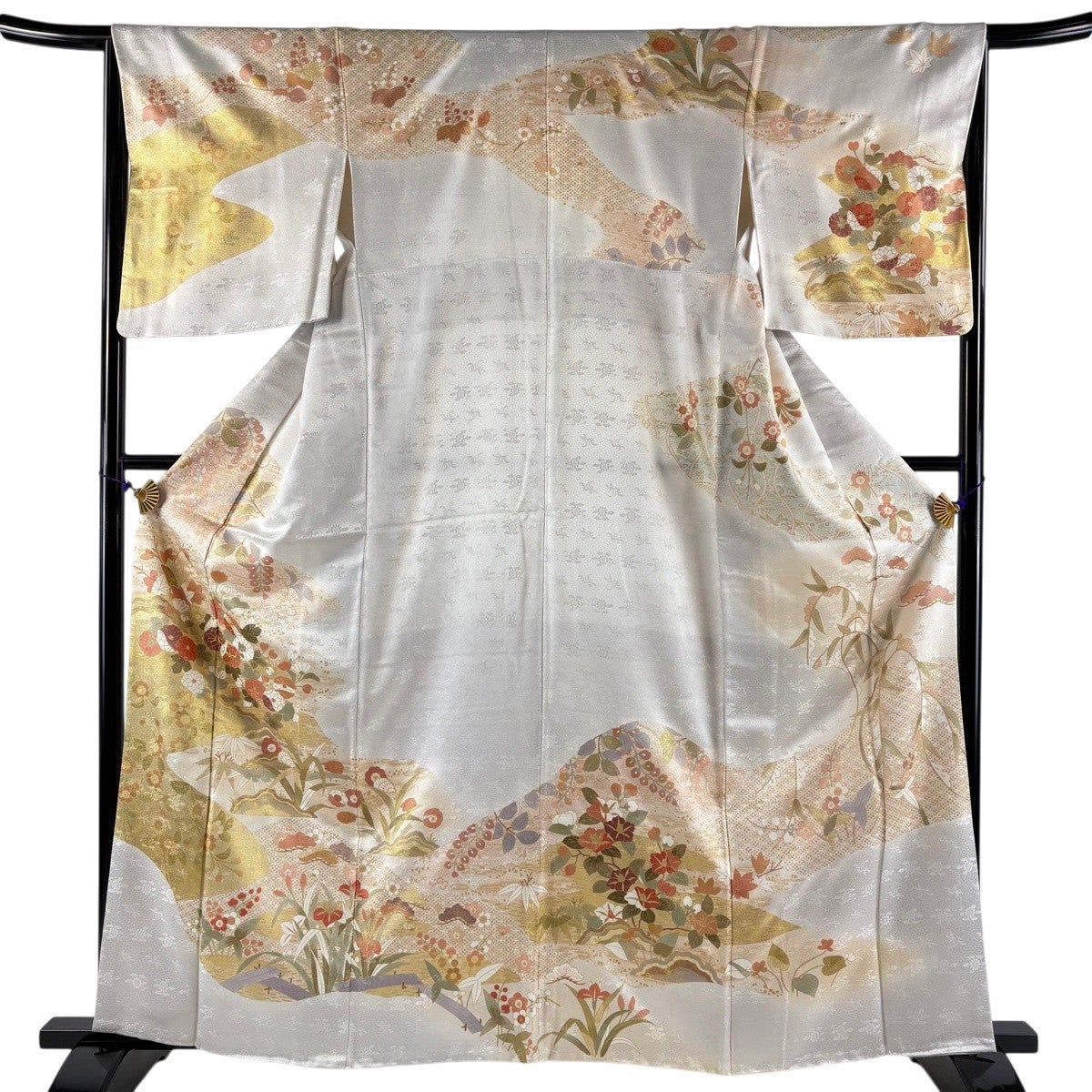 訪問着 身丈161cm 裄丈66cm M 袷 草花 霞 金糸 金彩 灰色 正絹 秀品