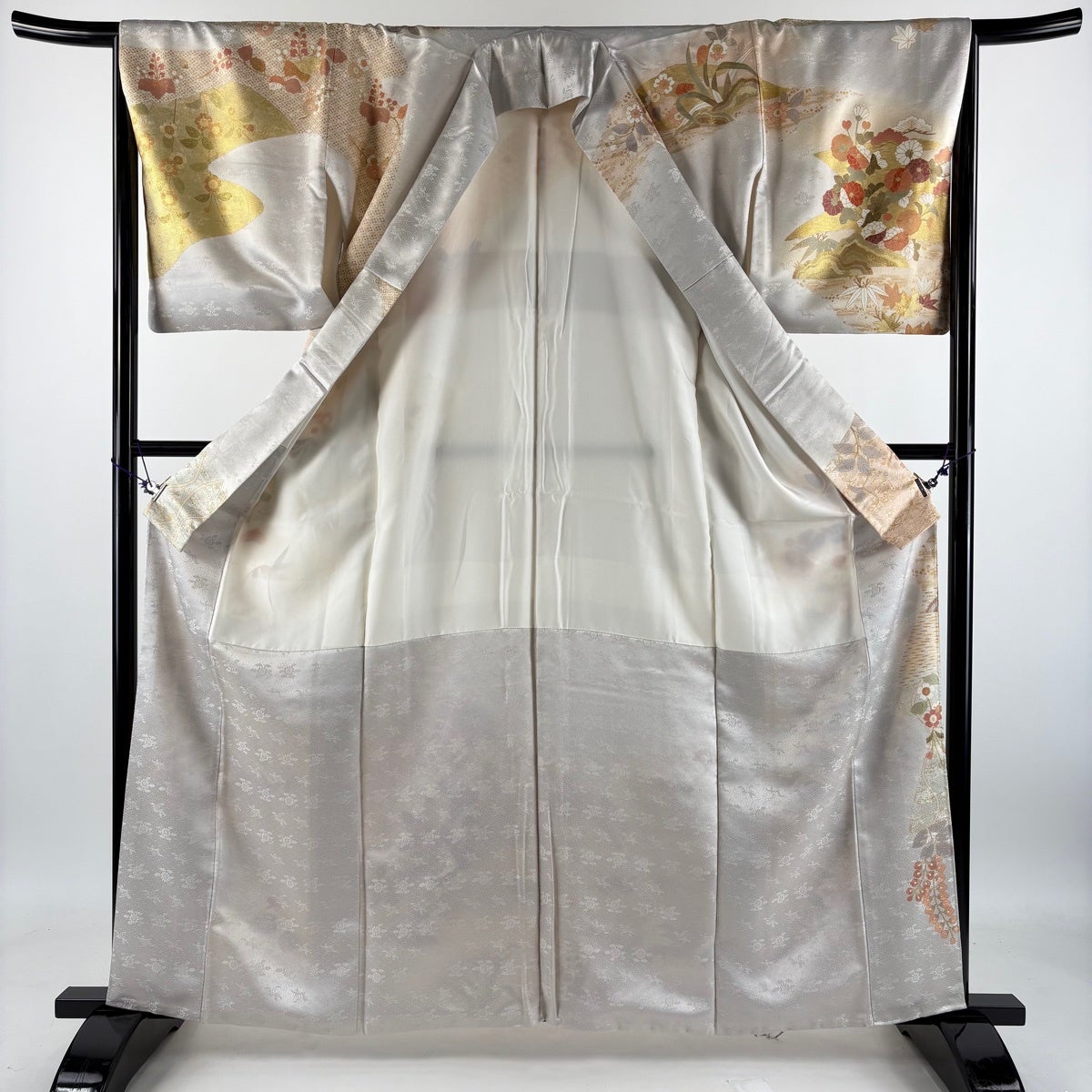 訪問着 身丈161cm 裄丈66cm M 袷 草花 霞 金糸 金彩 灰色 正絹 秀品