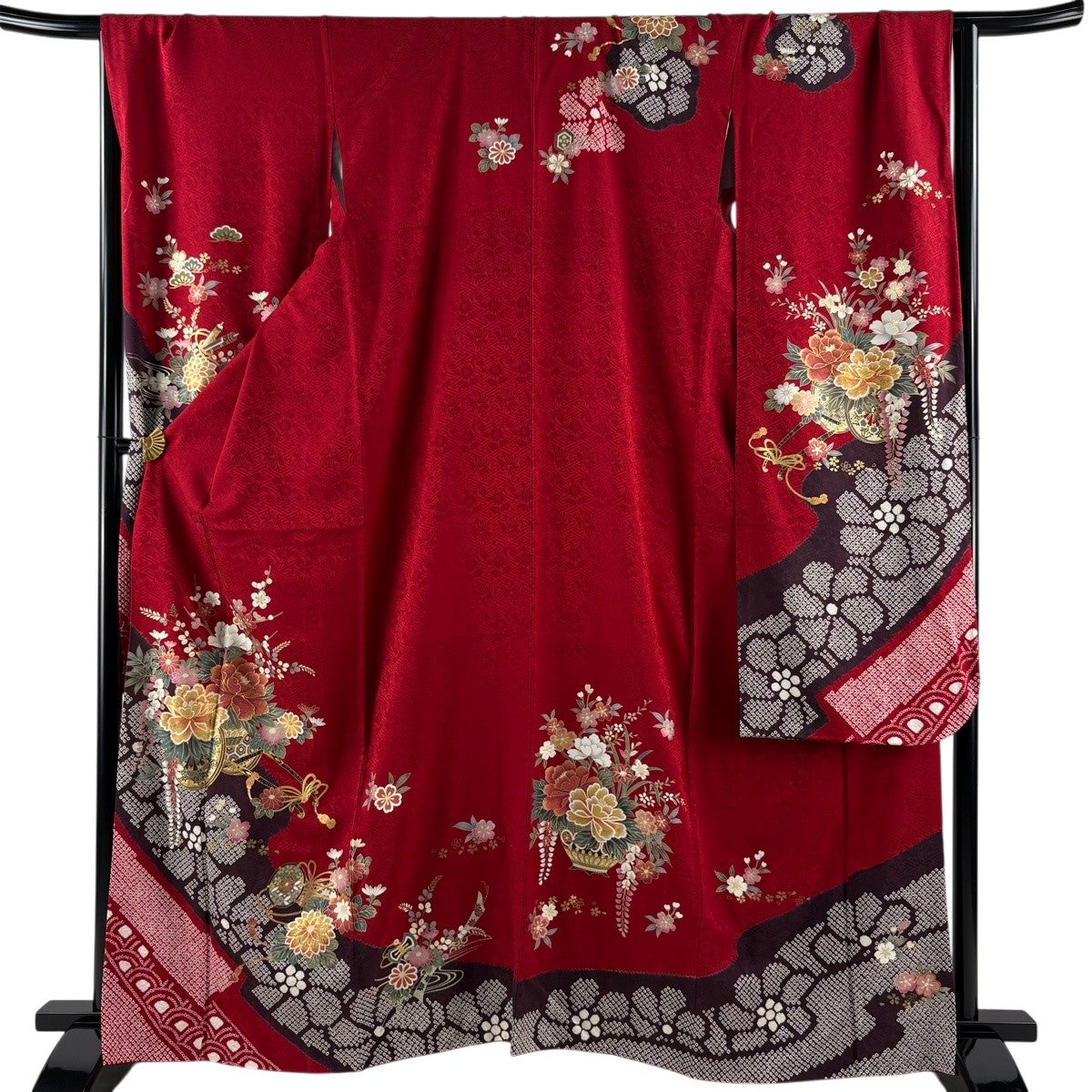美品】 振袖 身丈163.5cm 裄丈69cm L 袷 鈴乃屋 花車 鼓 金彩 絞り 赤