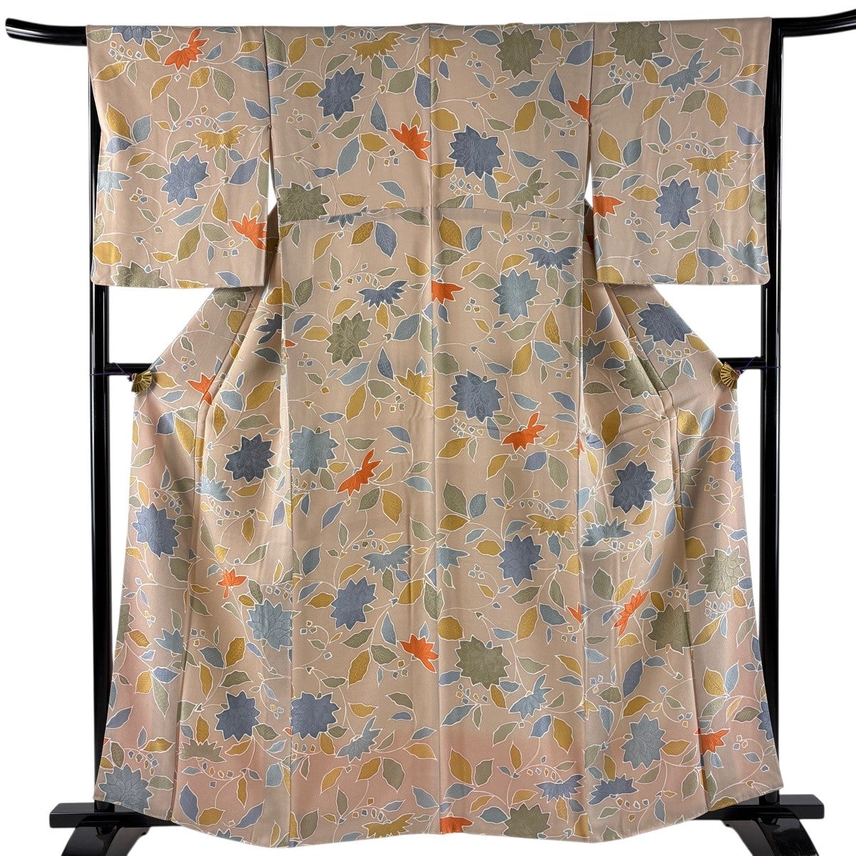 美品】 小紋 身丈160cm 裄丈65.5cm M 袷 バチ衿 草花 地紋 ピンク