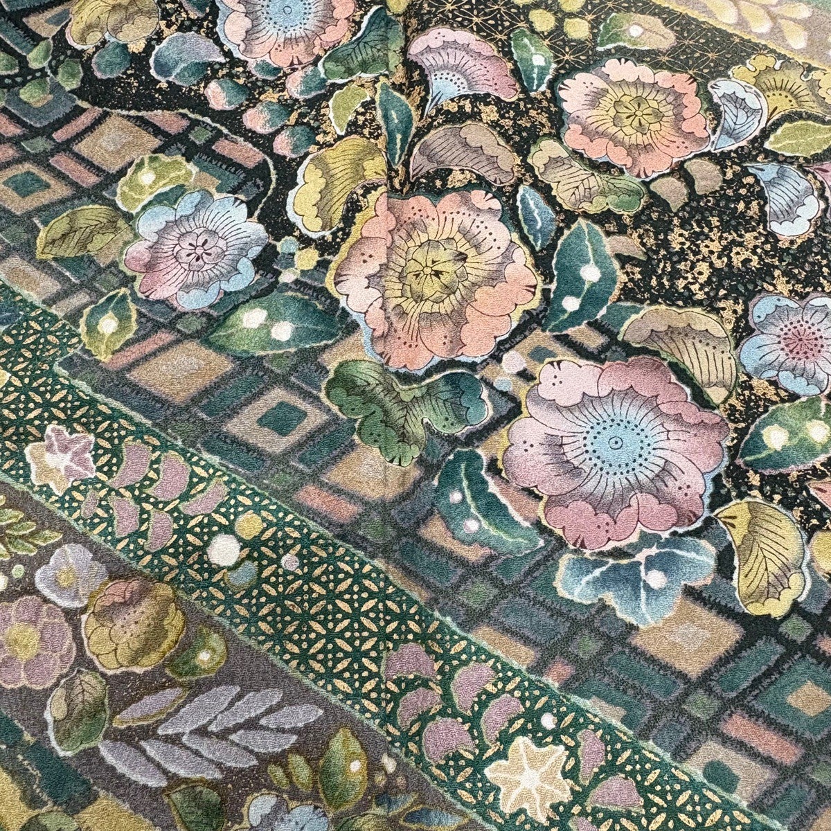 訪問着 身丈154cm 裄丈64.5cm M 袷 辻が花柄 金彩 灰緑 正絹 秀品