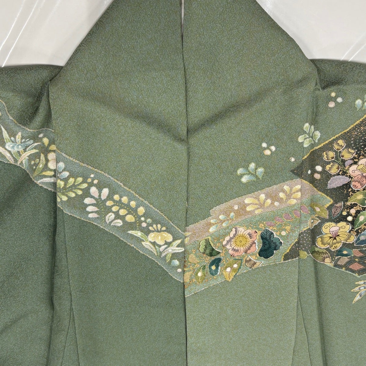 訪問着 身丈154cm 裄丈64.5cm M 袷 辻が花柄 金彩 灰緑 正絹 秀品