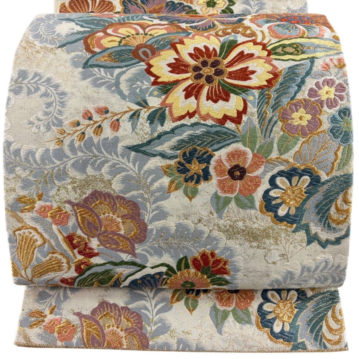 30%OFF 袋帯 秀品 草花 蝶 唐織 金糸 灰白 六通 正絹 K30｜中古・古着