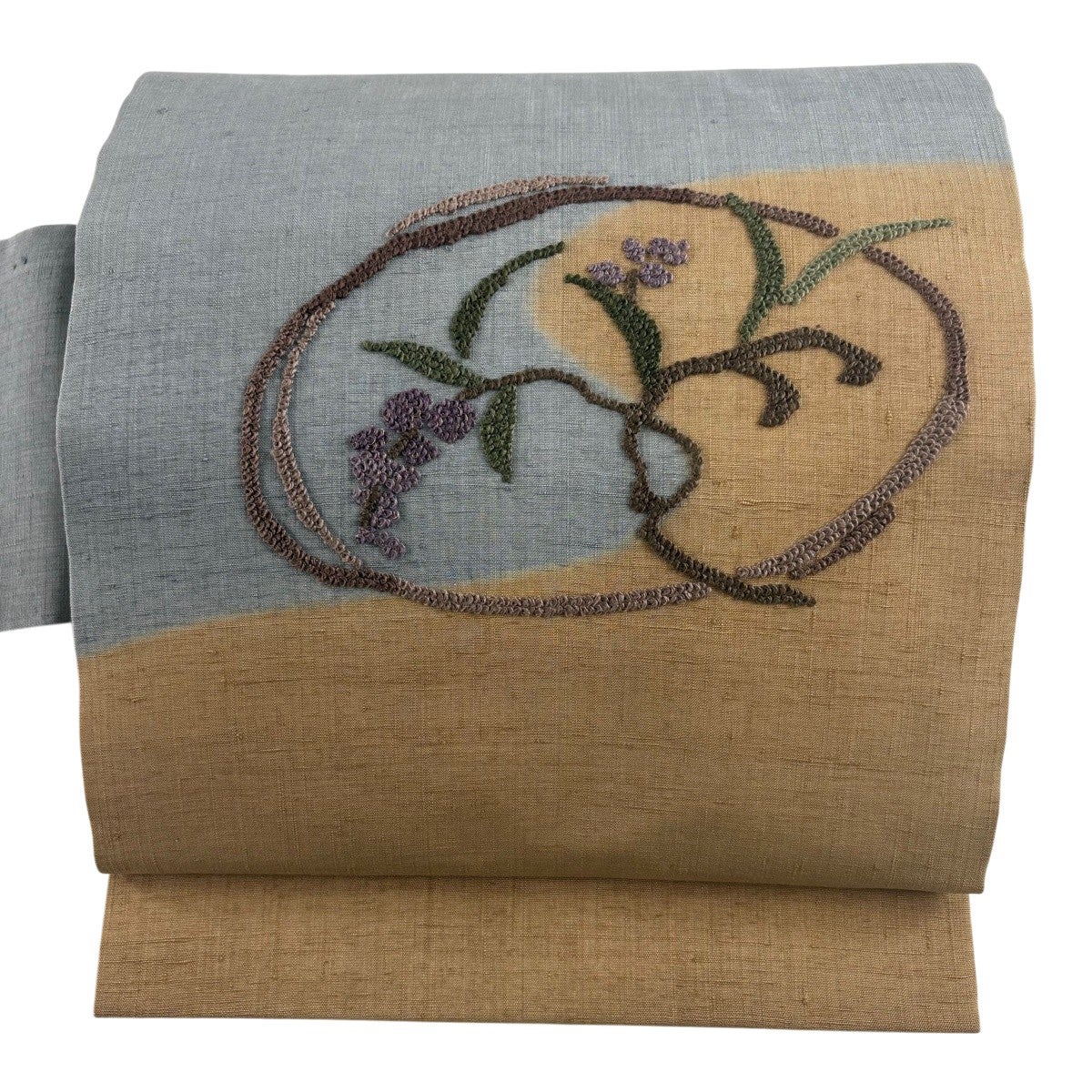 美品】 名古屋帯 秀品 紬地 草花 菱 相良刺繍 灰茶 正絹｜中古・古着