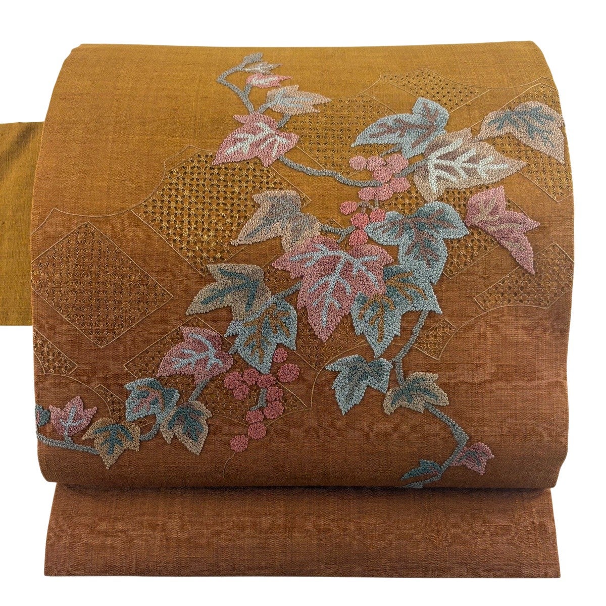 美品】 開き名古屋帯 秀品 葡萄 金糸 金彩 灰緑 正絹｜中古・古着