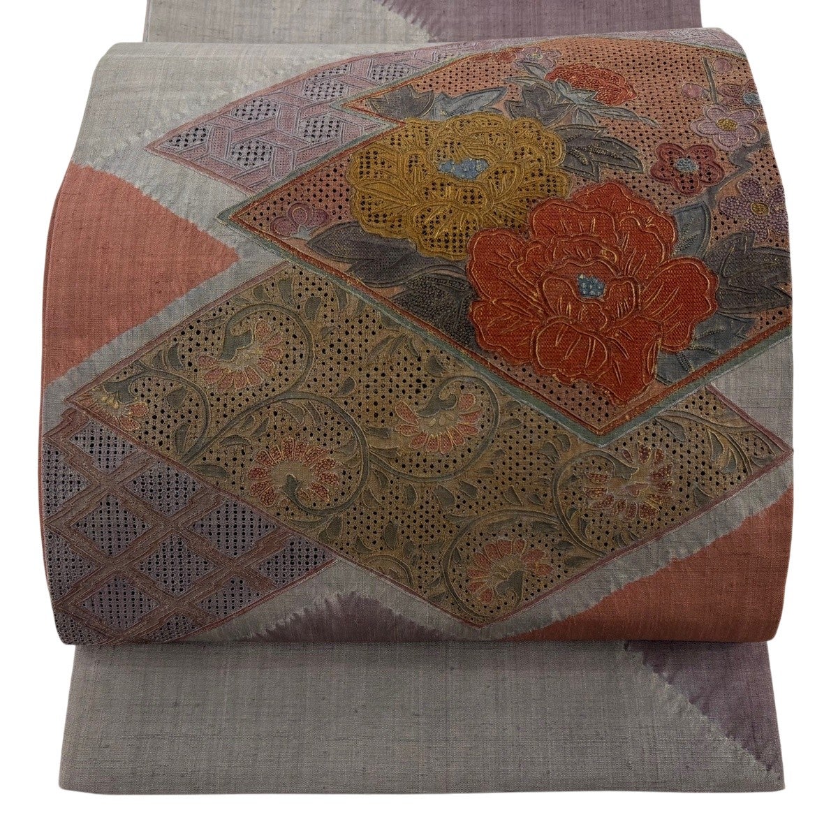 美品】 袋帯 秀品 華文 花唐草 刺繍 鶯色 お太鼓柄 正絹｜中古・古着