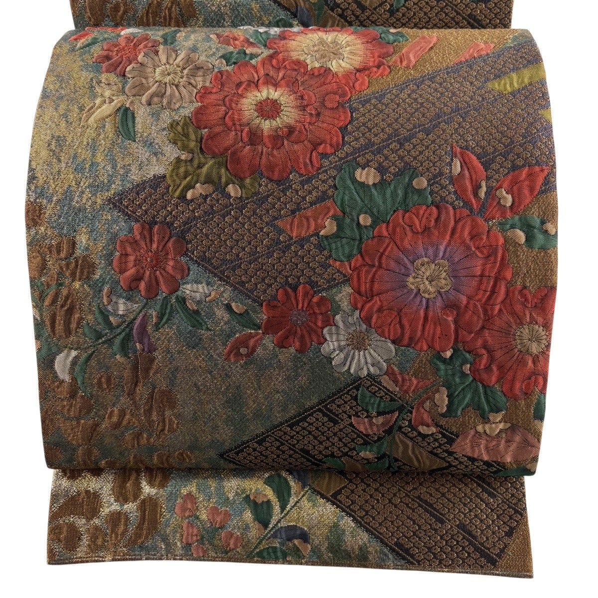 美品】 袋帯 秀品 草花 丸文 金銀糸 箔 金色 六通 正絹｜中古・古着