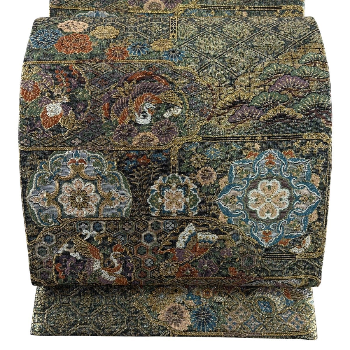 美品】 袋帯 秀品 関西仕立て 市松 金糸 鶯色 全通 正絹｜中古・古着