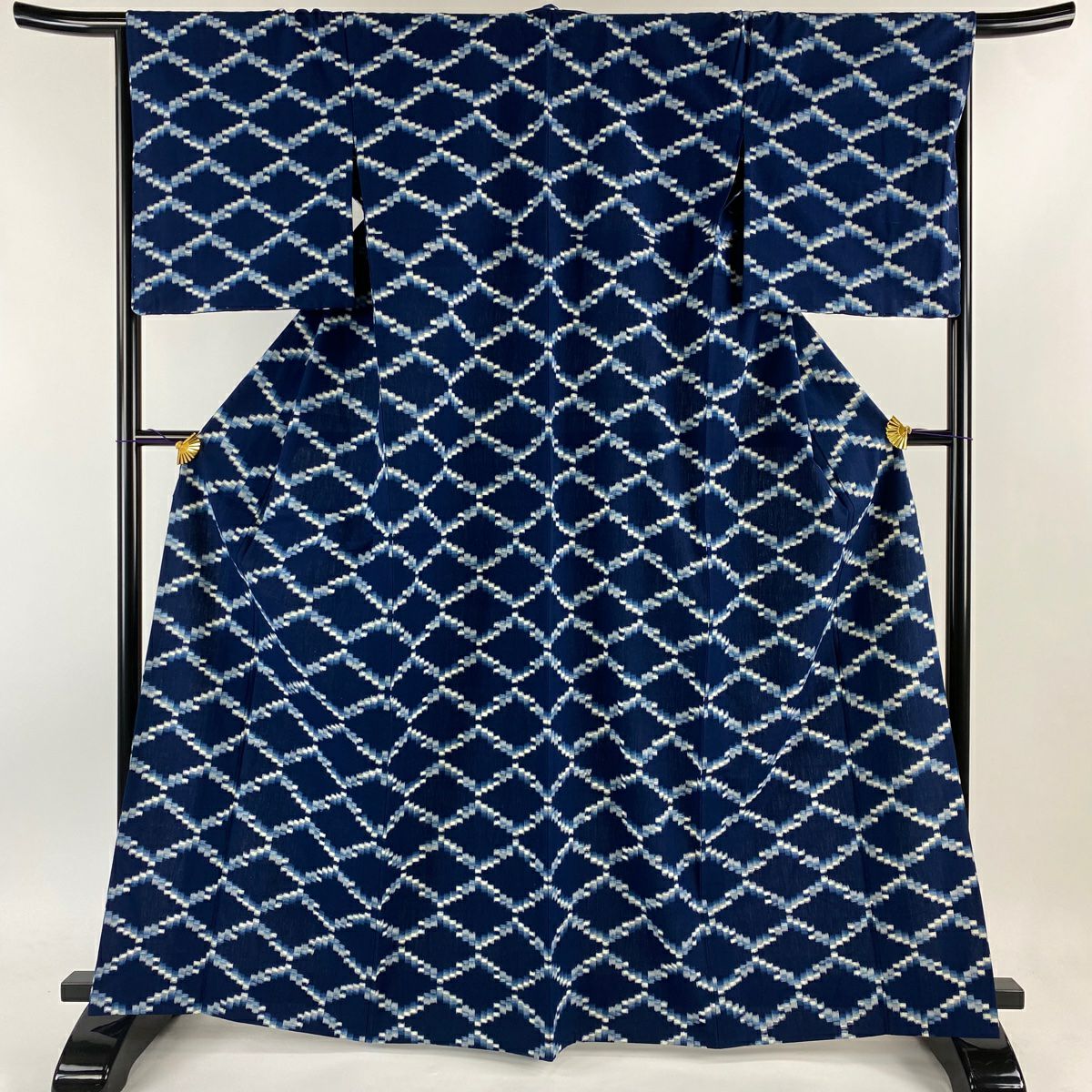 紬 身丈165cm 裄丈67.5cm L 単衣 久留米絣 証紙あり 落款あり 幾何学