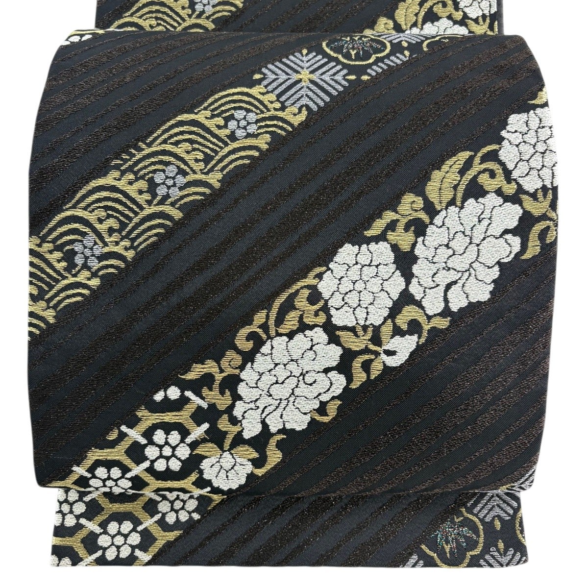 美品】 袋帯 秀品 落款あり 重兵衛 花唐草 縞 箔 黒 六通 正絹｜中古