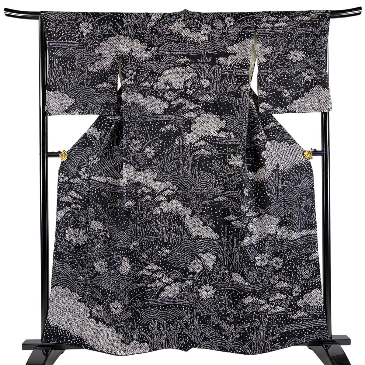 美品】 訪問着 身丈157cm 裄丈63cm S 袷 花唐草 波 絞り 黒 正絹 秀品