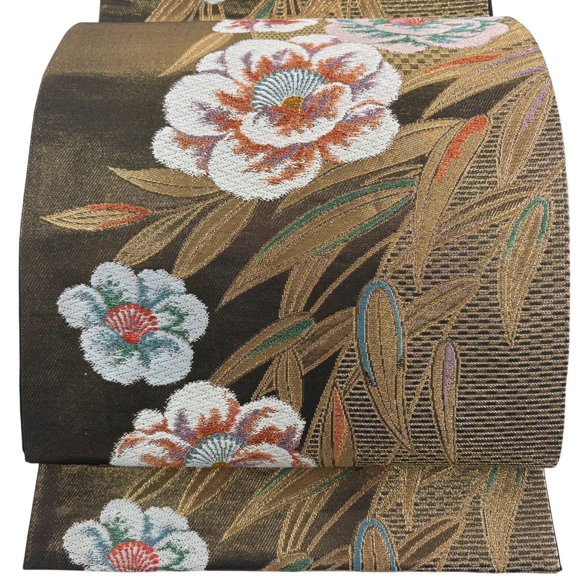 刺繍 袋帯 花柄 華文 幾何学模様 袋帯 幾何学模様 金糸 花柄 紋模様 和装小物 六通 帯 全長 約