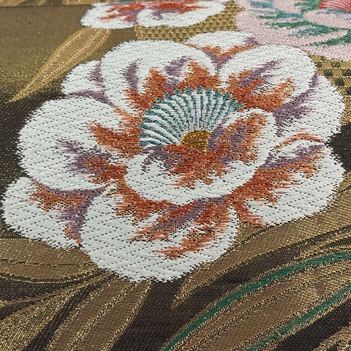 美品】 袋帯 秀品 枝花 幾何学模様 箔 金糸 金色 六通 正絹｜中古