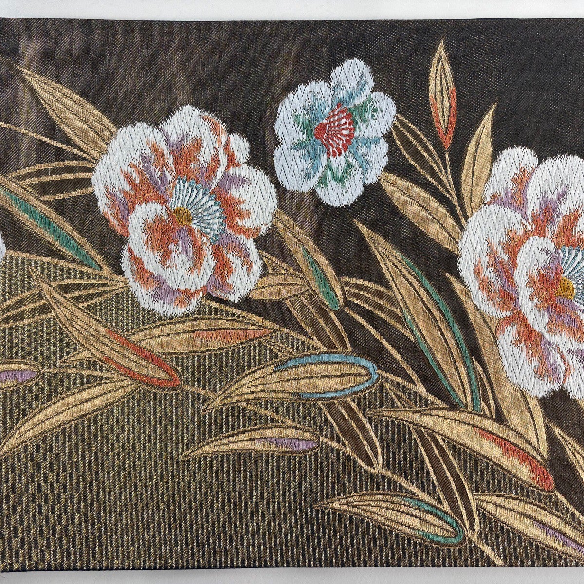 美品】 袋帯 秀品 枝花 幾何学模様 箔 金糸 金色 六通 正絹｜中古