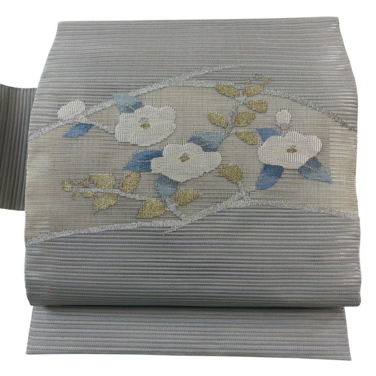 名古屋帯 秀品 夏帯 紗 桔梗 女郎花 銀糸 箔 灰紫 正絹｜中古・古着