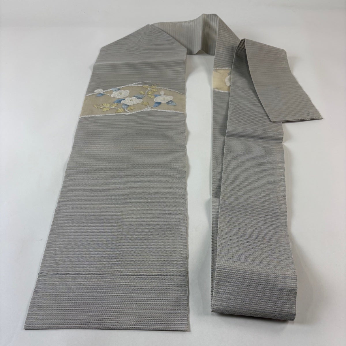 名古屋帯 秀品 夏帯 絽 椿 金銀糸 青灰色 正絹｜中古・古着