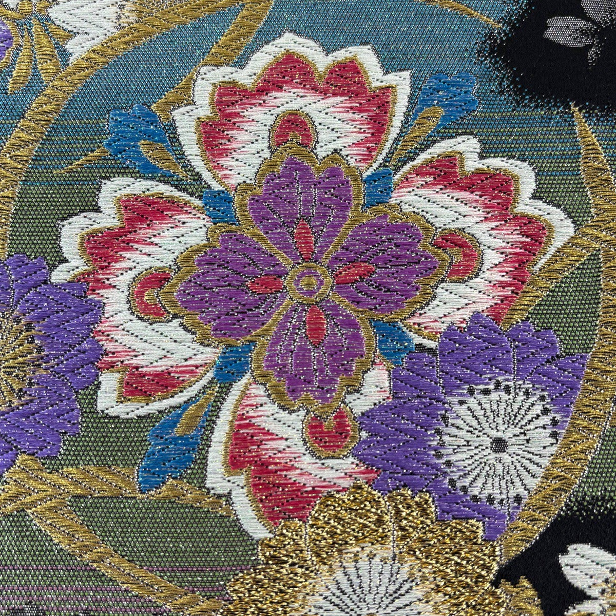 美品】 袋帯 秀品 振袖向き 桜 華文 金糸 箔 黒 六通 正絹｜中古・古着