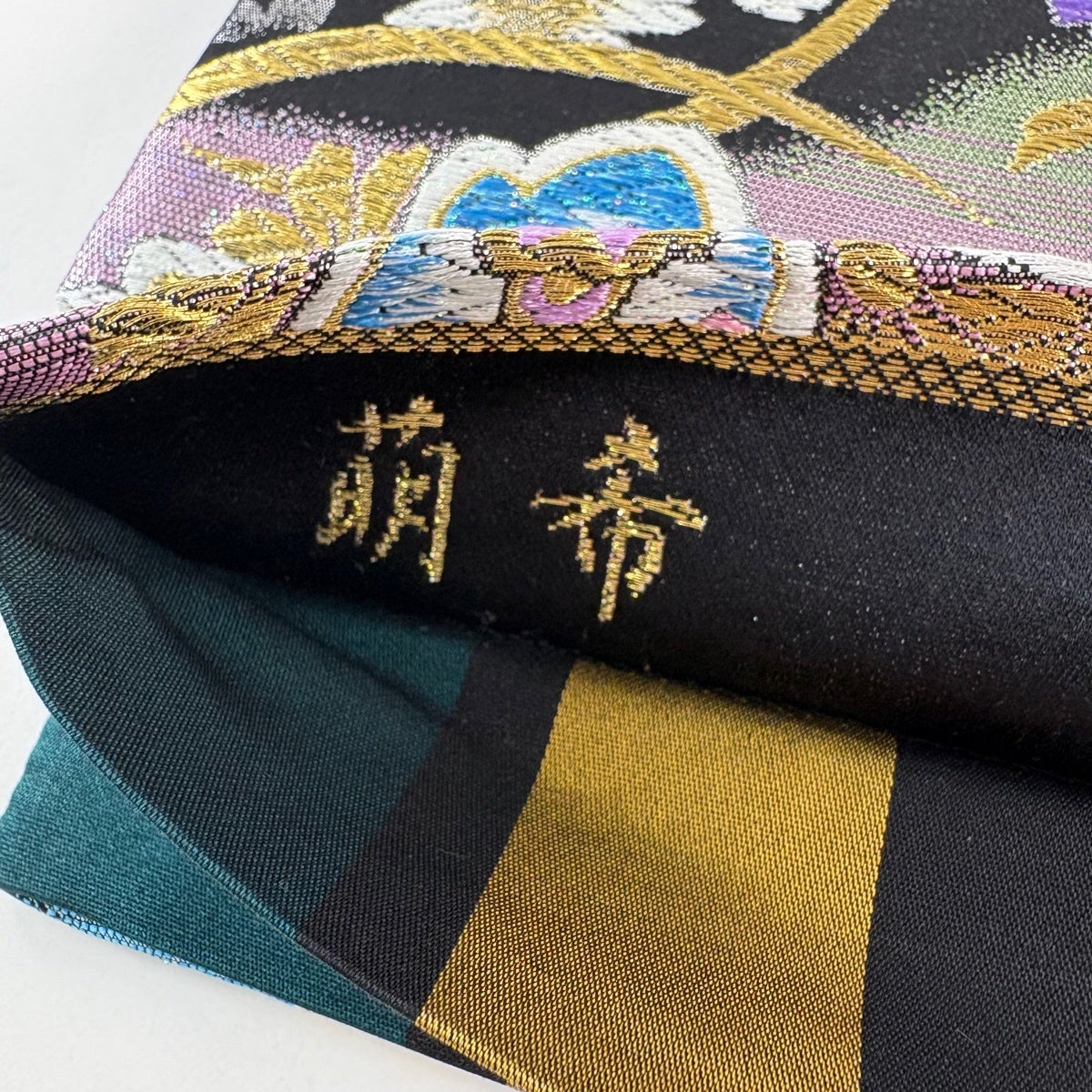 美品】 袋帯 秀品 振袖向き 桜 華文 金糸 箔 黒 六通 正絹｜中古・古着
