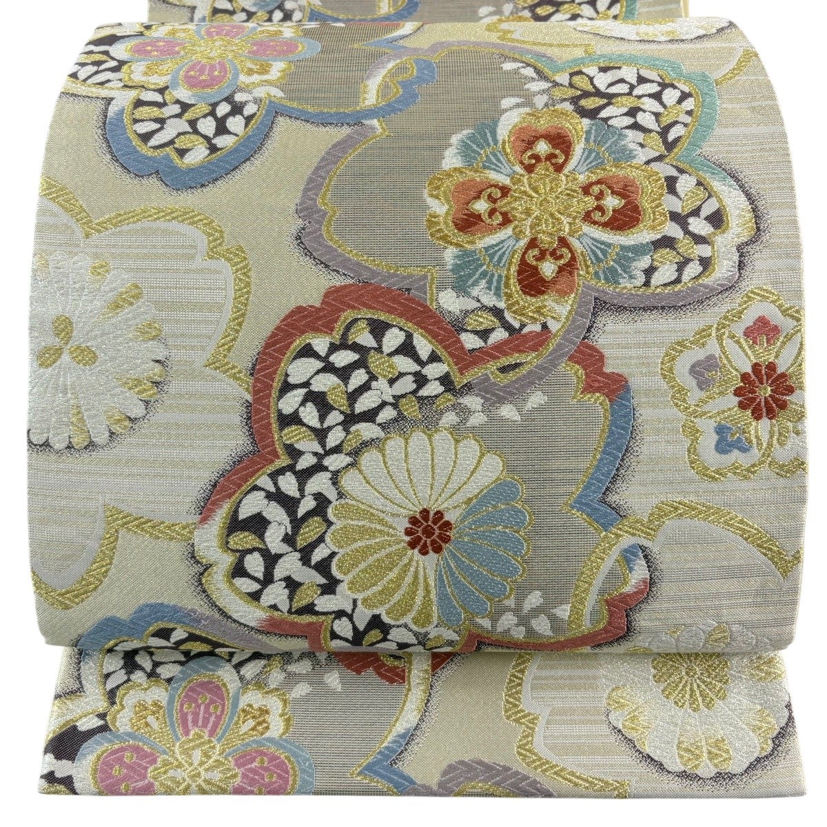 袋帯 美品 秀品 菱 草花 金糸 ベージュ 六通 正絹 【中古】 袋帯 六通