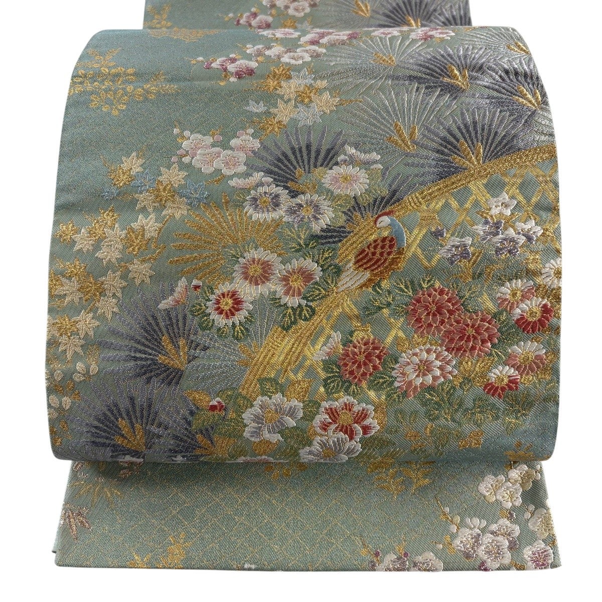 美品 袋帯 秀品 松 鶴 金糸 箔 灰色 六通 正絹｜中古・古着