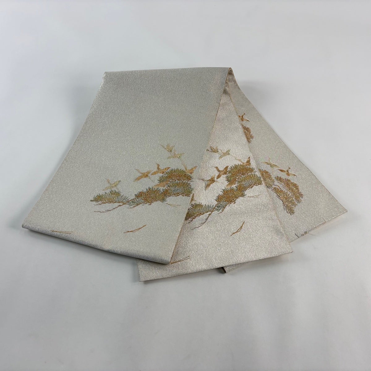袋帯 秀品 松 鶴 金銀糸 ベージュ お太鼓柄 正絹｜中古・古着