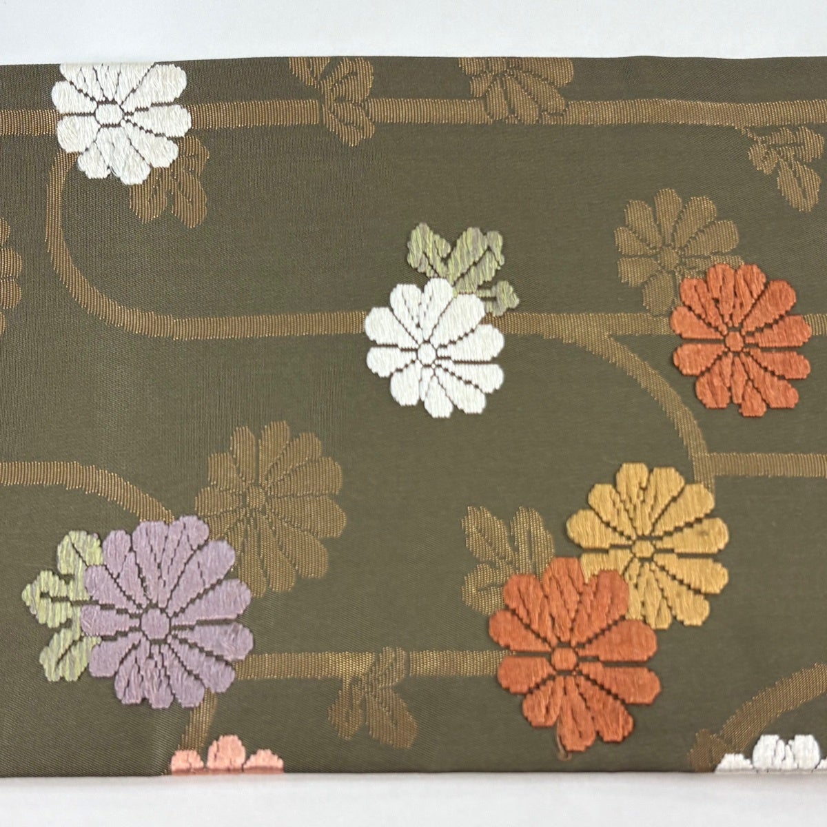 名古屋帯 秀品 菊 唐織 箔 茶緑色 正絹｜中古・古着・リサイクル着物