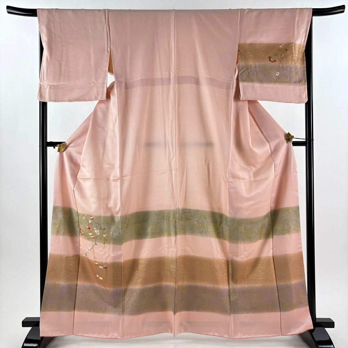 訪問着 身丈164cm 裄丈67cm M 袷 蝶 枝花 刺繍 金彩 ピンク 正絹 秀品