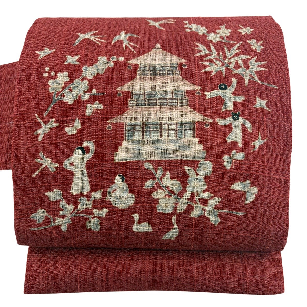 美品】 名古屋帯 秀品 落款あり 夏帯 建物 人物 茜色 正絹｜中古・古着