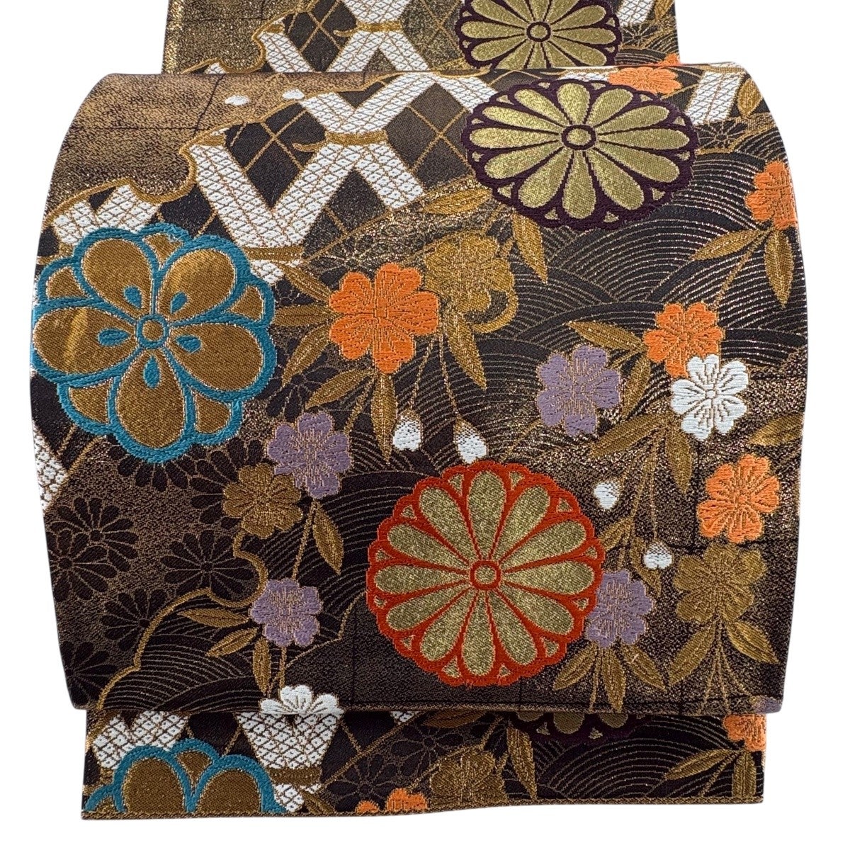 袋帯 秀品 関西仕立て 菊 桜 金糸 箔 金茶 六通 正絹｜中古・古着