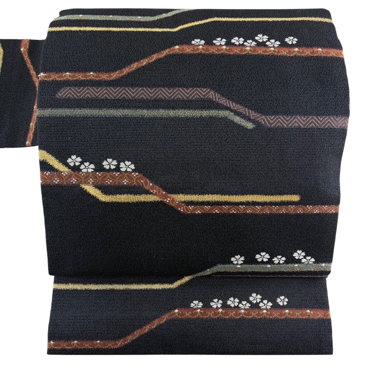 名古屋帯 黒に近い濃紺と茶とベージュ 幾何学模様正絹 美品】 名古屋帯 秀品 花 幾何学 金糸 箔 濃紺 正絹｜中古・古着