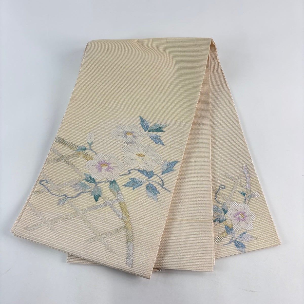 美品】 袋帯 秀品 夏帯 絽 草花 曲垣 ベージュ お太鼓柄 正絹｜中古