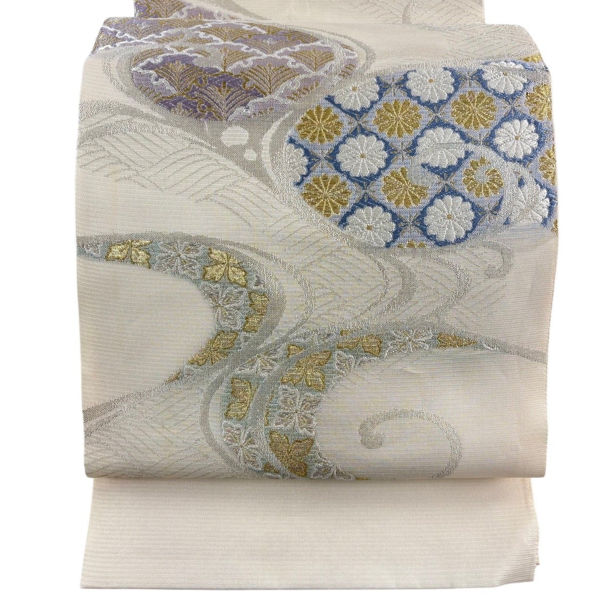 袋帯 秀品 夏帯 松 菊 金銀糸 クリーム 六通 正絹｜中古・古着