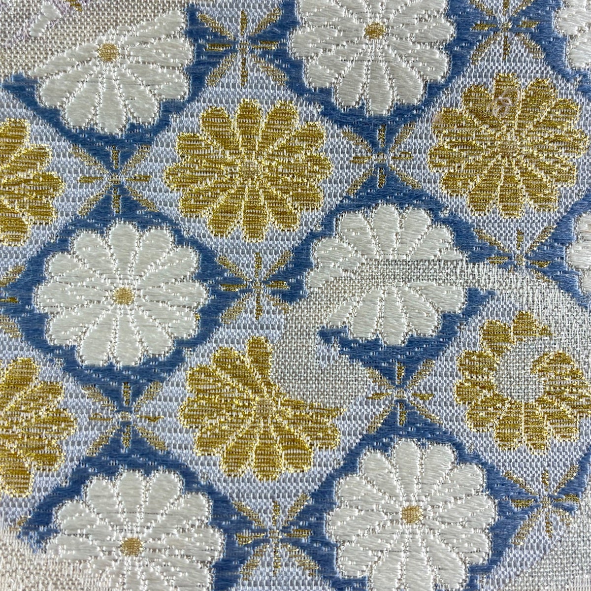 B 夏物 菊花模様 金銀糸 藍色 絽 紗 薄物 正絹 六通 袋帯 O196 袋帯 秀品 夏帯 松 菊 金銀糸 クリーム 六通 正絹｜中古・古着