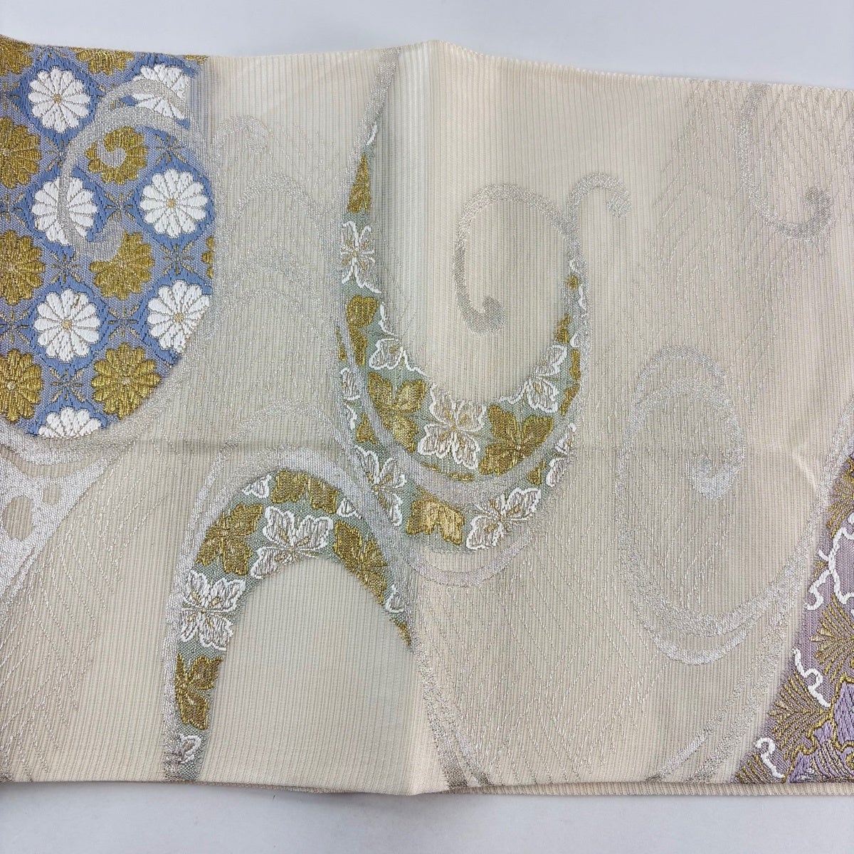 袋帯 秀品 夏帯 松 菊 金銀糸 クリーム 六通 正絹｜中古・古着