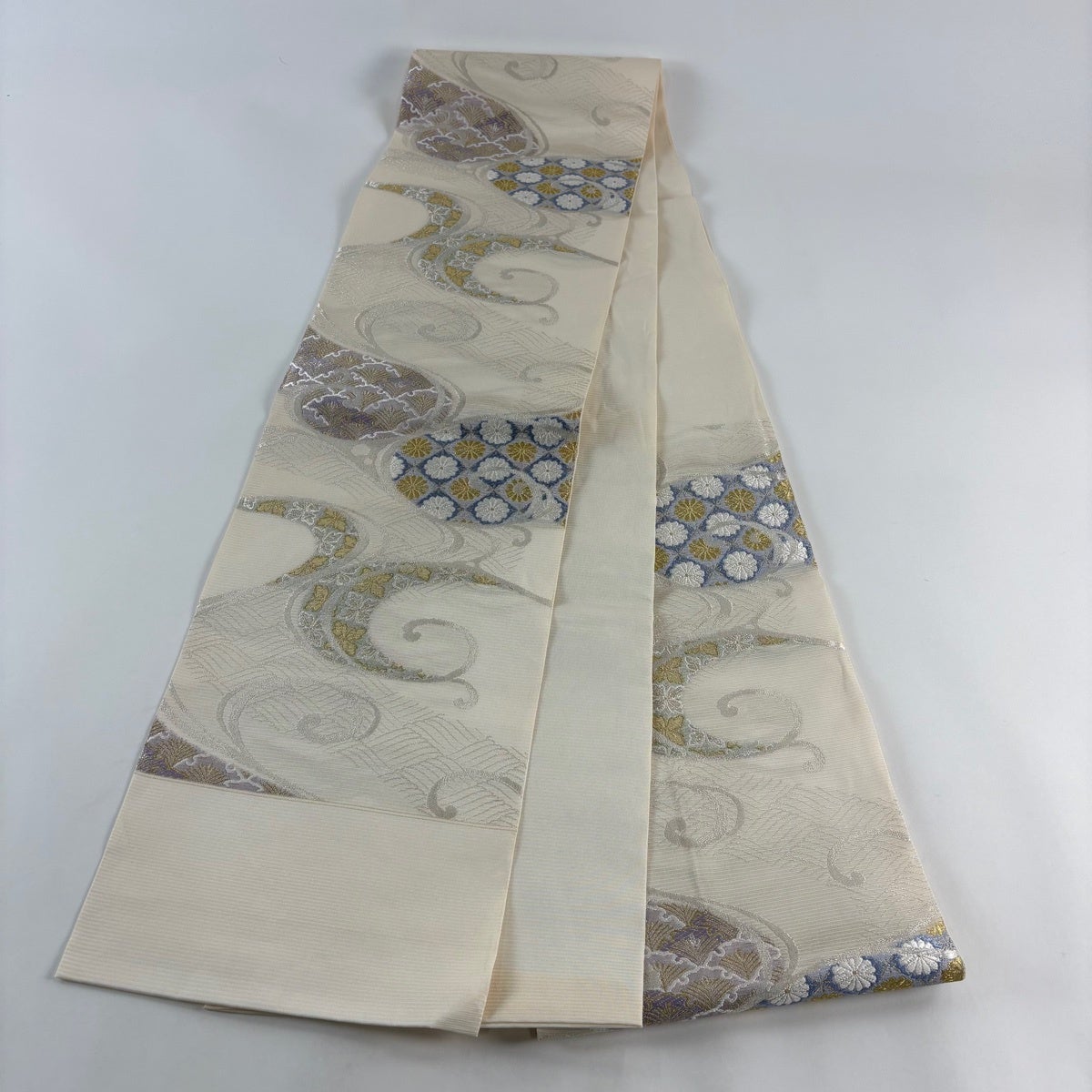 袋帯 秀品 夏帯 松 菊 金銀糸 クリーム 六通 正絹｜中古・古着
