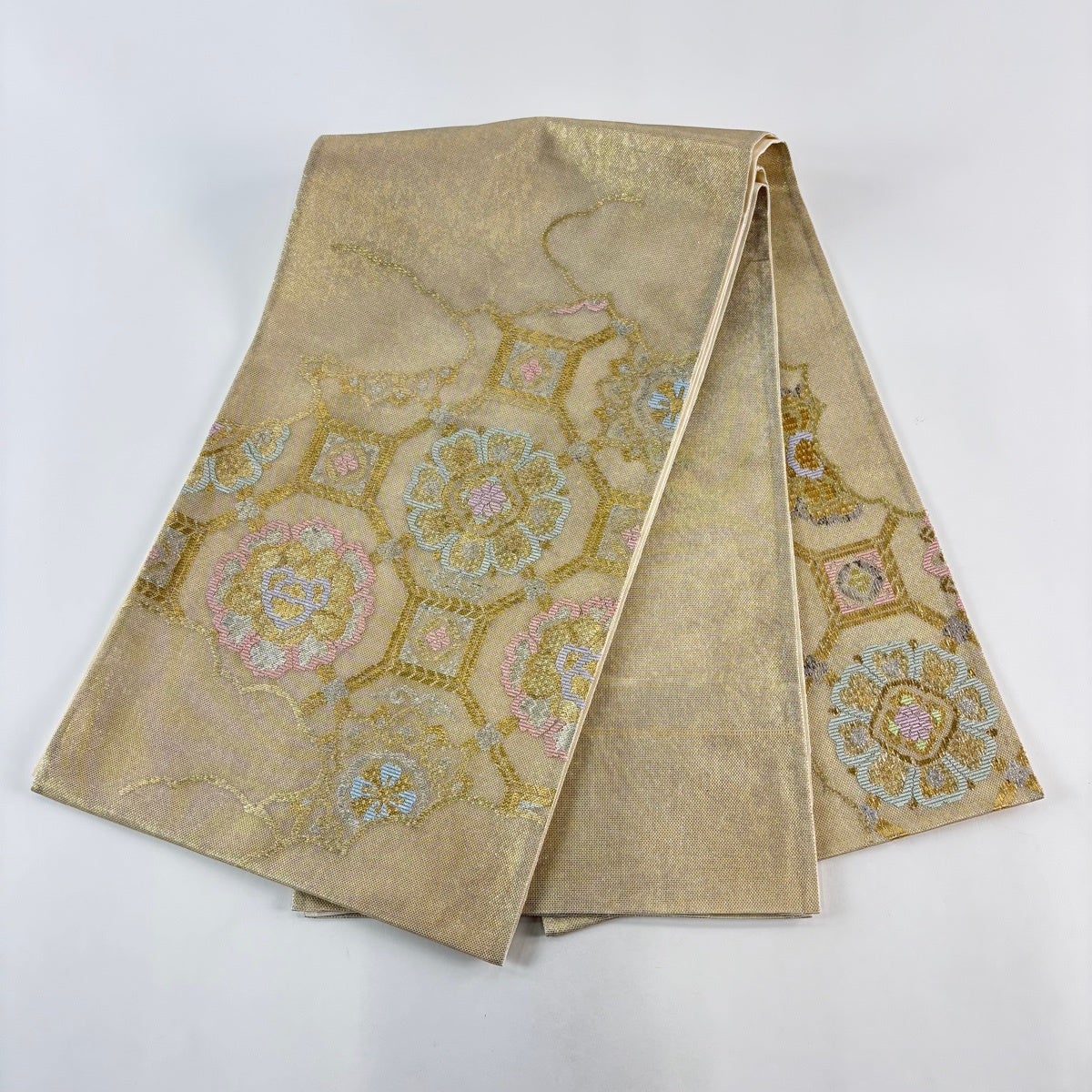 袋帯 秀品 夏帯 紗 蜀江華文 雲文 箔 金色 お太鼓柄 正絹｜中古・古着
