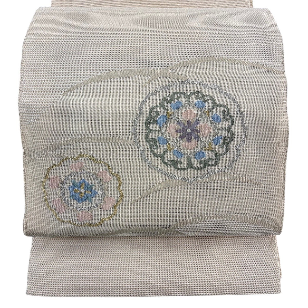 開き名古屋帯 秀品 夏帯 絽 八寸名古屋帯 華文 芝 金銀糸 ベージュ